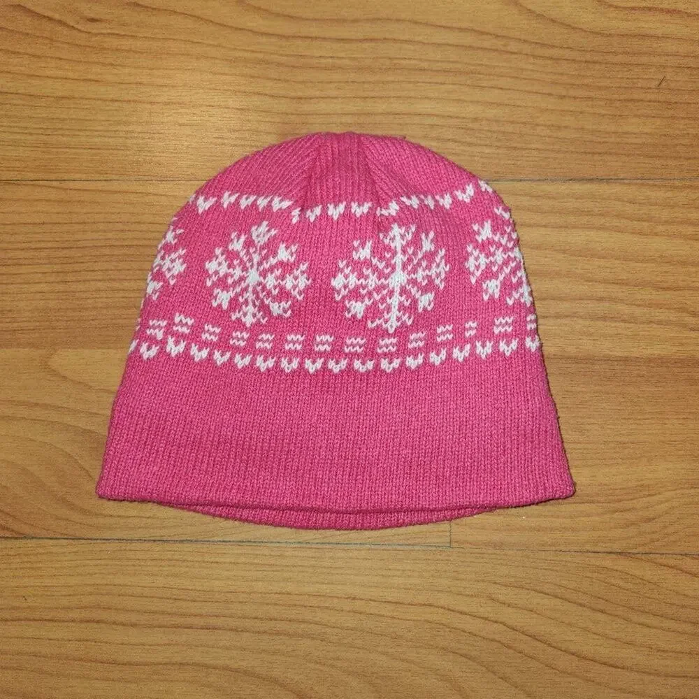 Girl's Winter Pink Snowflake Knit Beanie Cap Hat